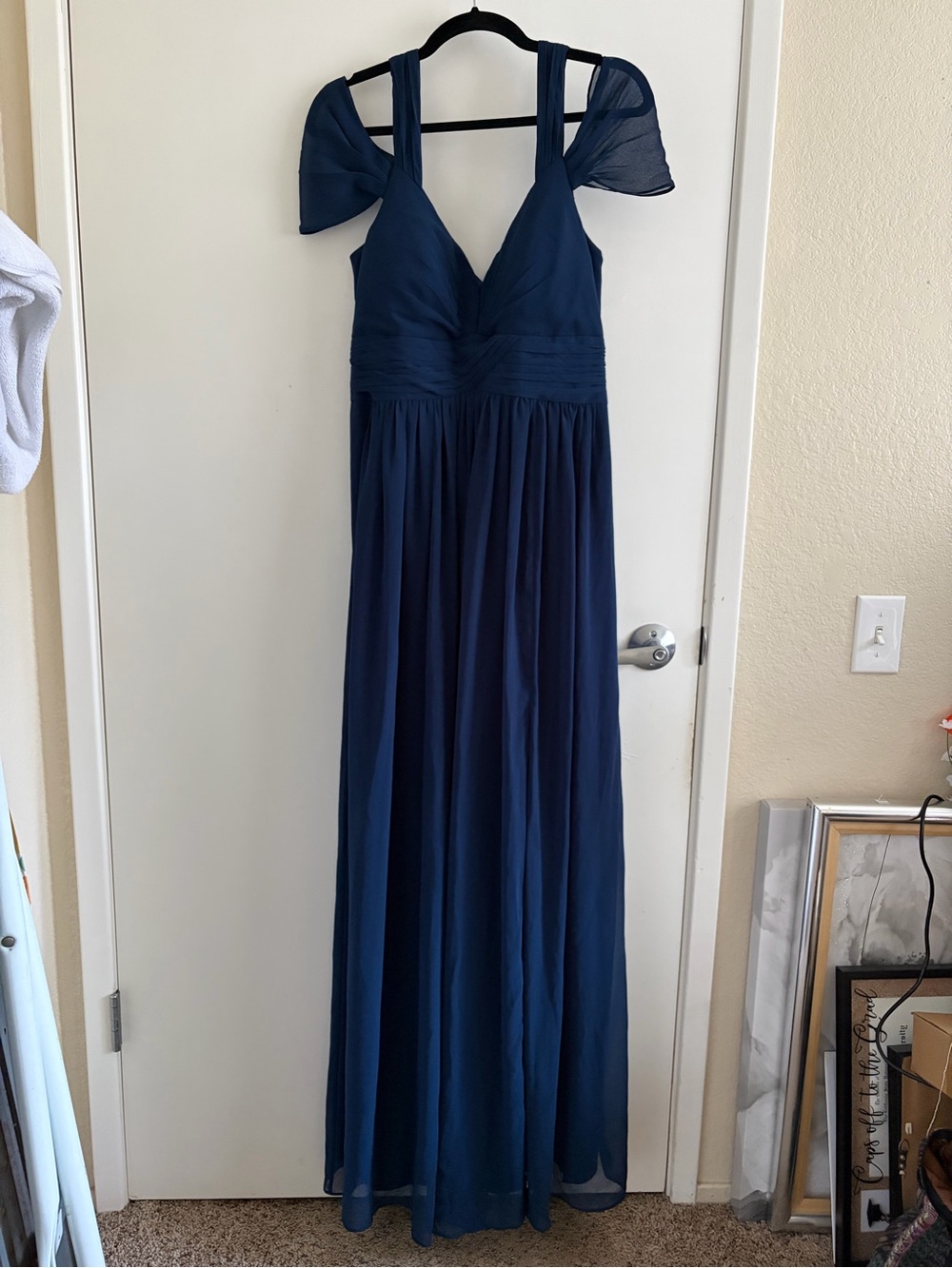 Lulu's Navy Chiffon Maxi Dress with Sheer Cap Sleeves